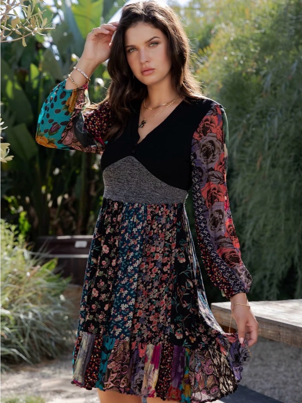 K166 Young Threads Sz L Paisley Floral Patchwork Multi-Color Dress Pockets NWT